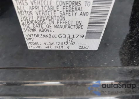 2019 Nissan Pathfinder Sv из США, поврежденный, VIN 5N1DR2MN9KC633179